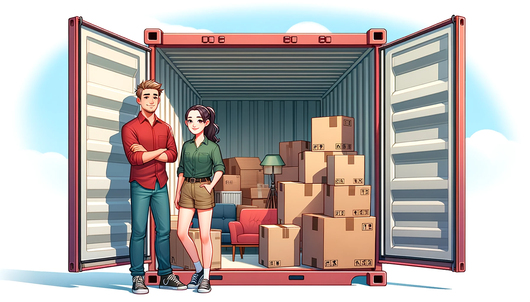 Two young people standing next to a shipping container loaded with their boxes